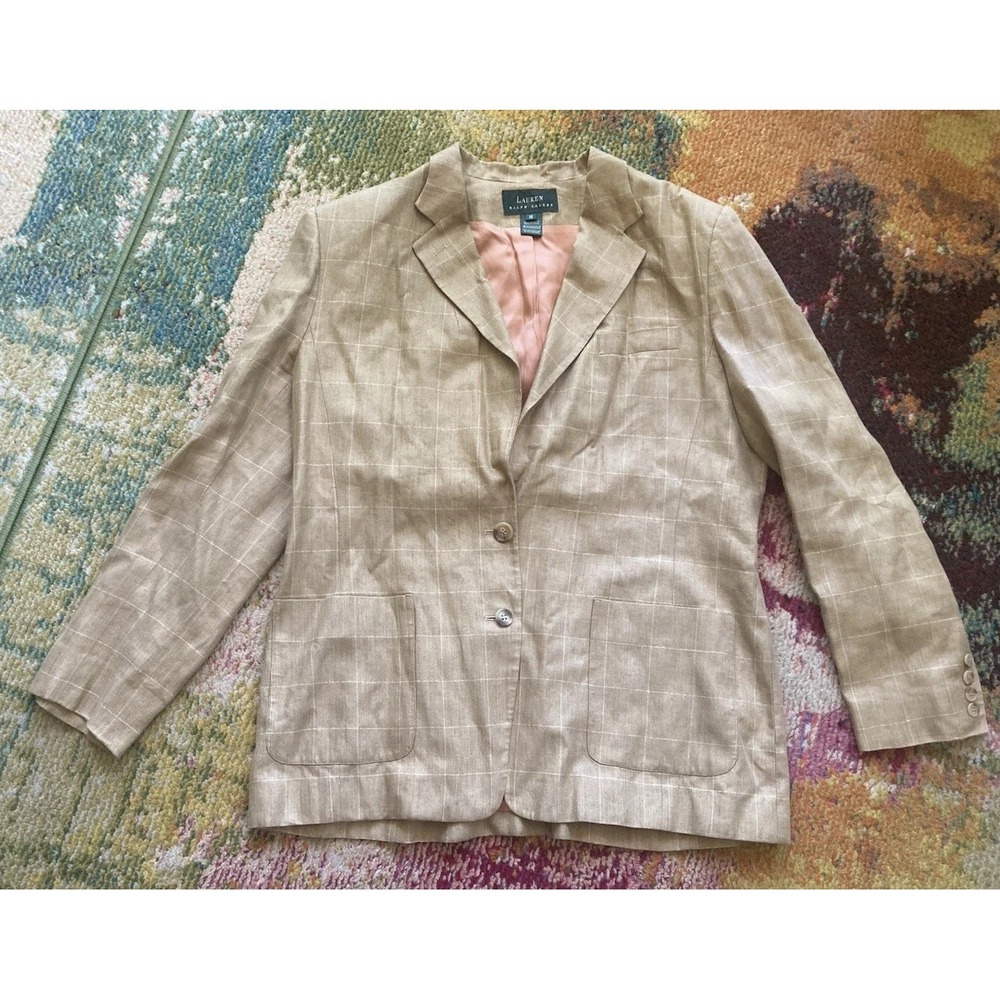 Vintage Lauren Ralph Lauren Blazer Womens 16 Beige Windowpane 100% Linen USA
